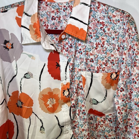 Entro Size XL Floral Long Sleeve Button Front Satin Blouse Spring Colorful - Picture 3 of 6